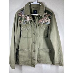 ONE 5 ONE Women Olive Green Camo Sequin Utility Jacket Size L sequin barn